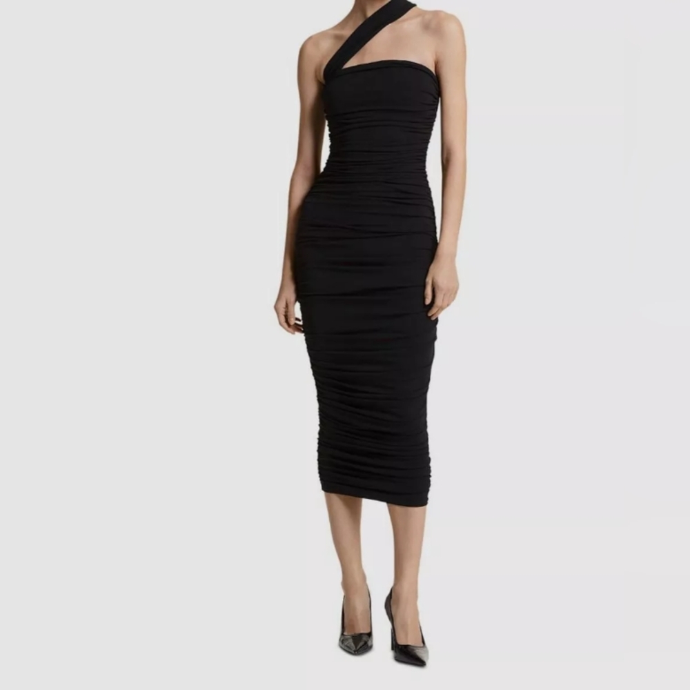 Asymmetrical One-Shoulder Black Dress with High Slit